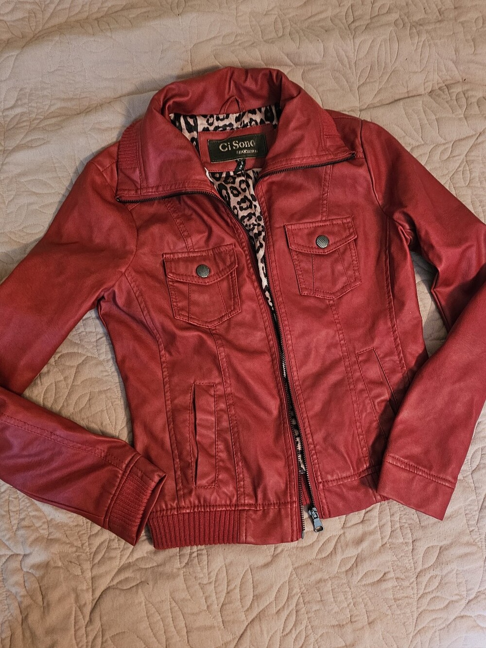 Ci Sono Red Faux Leather Jacket with Leopard Lining